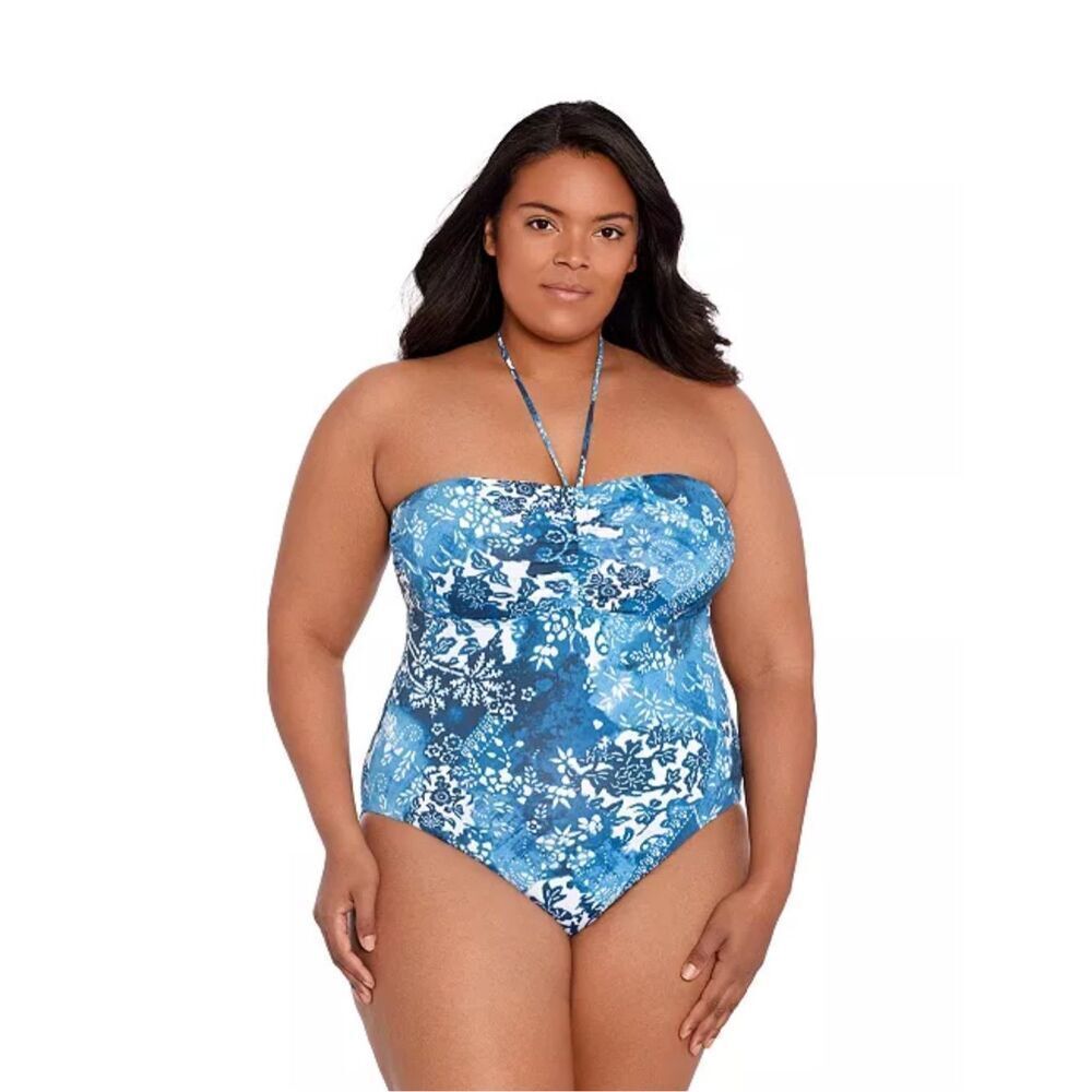 Lauren Ralph Lauren NWT Plus Size Bandeau Halter One- Piece Swimsuit - Indigo Pa